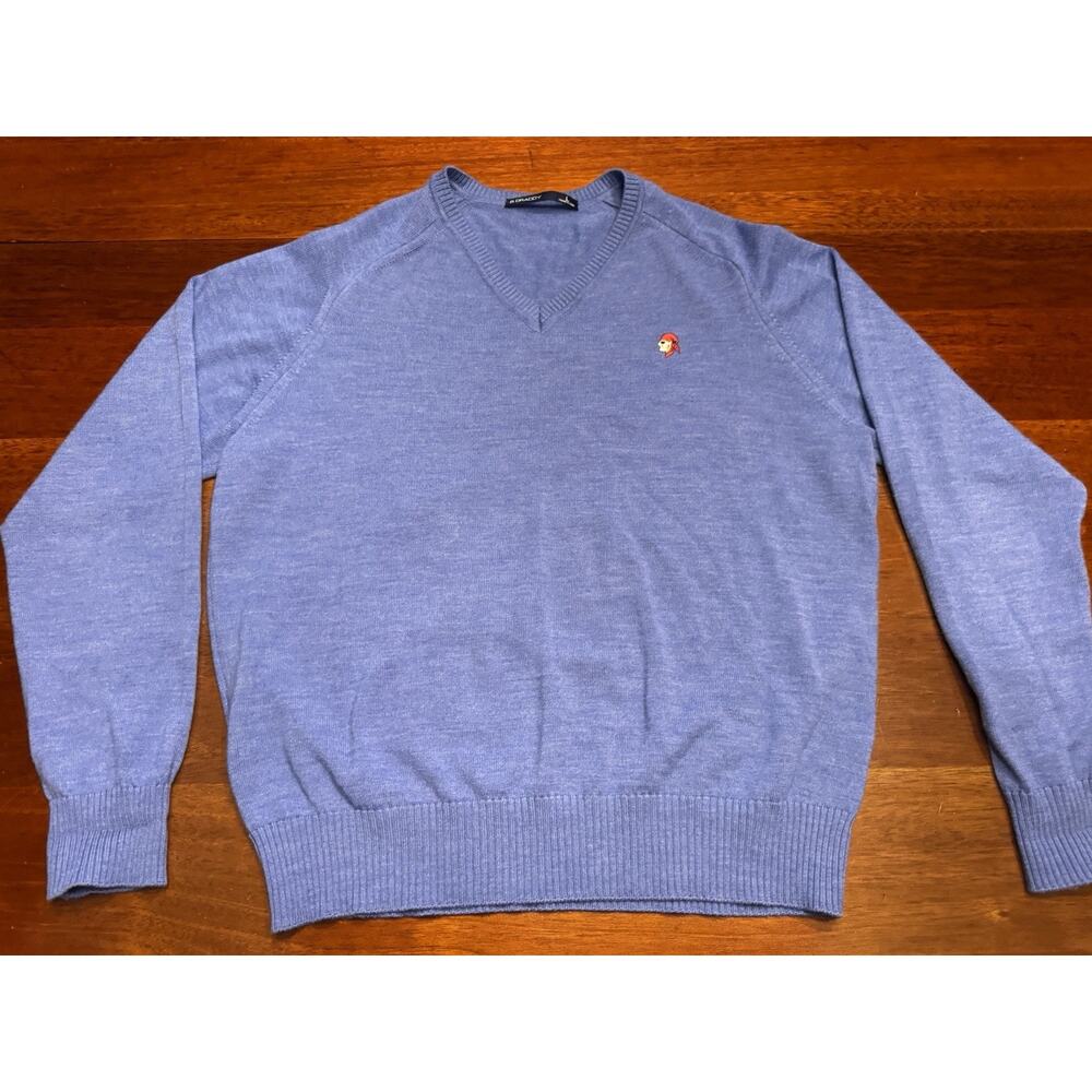 Large B Draddy Merino Wool Blue V Neck Sweater Pirate Logo Made In Italy